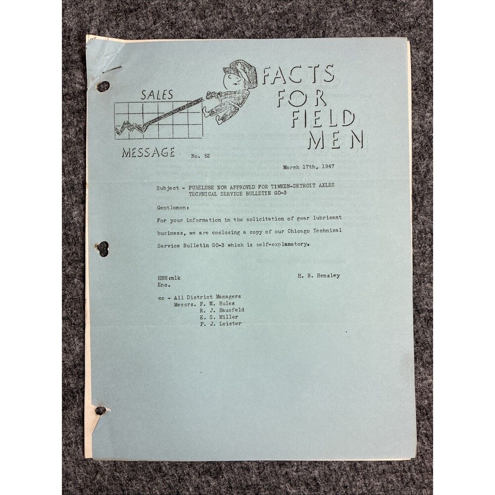 Pure Oil Commando Corps Message 1947 #52 Purelube Timkin Detroit Axles Field